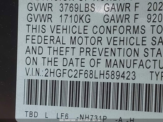 Honda Civic Lx 2020 2HGFC2F68LH589423 Image 9