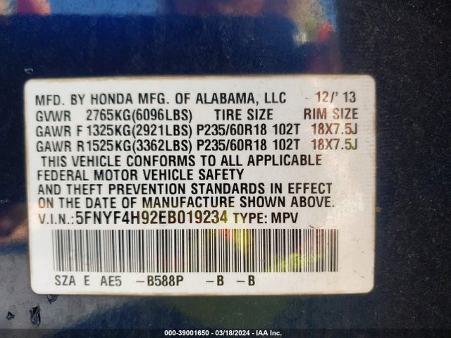 Honda Pilot Touring 2014 5FNYF4H92EB019234 Image 9