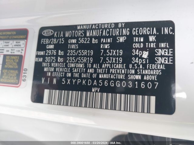 5XYPKDA56GG031607 KIA Sorento 3.3l Sxl