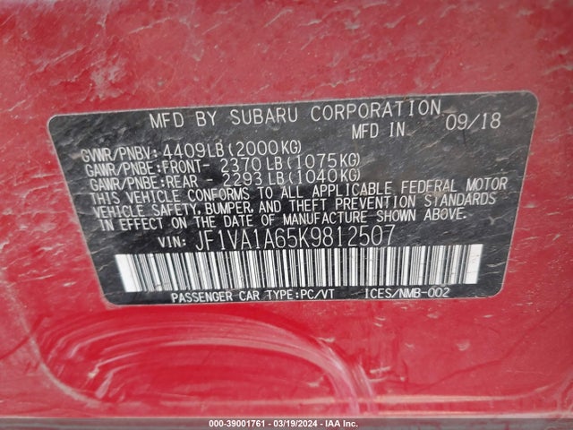 Subaru WRX 2019 JF1VA1A65K9812507 Image 9