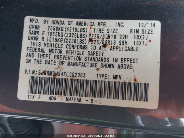 Honda Cr-v Touring 2015 5J6RM3H94FL002383 Image 9