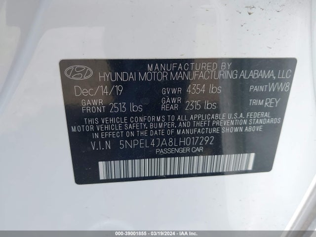 39001855 :رقم المزاد ، 5NPEL4JA8LH017292 vin ، 2020 Hyundai Sonata Sel مزاد بيع