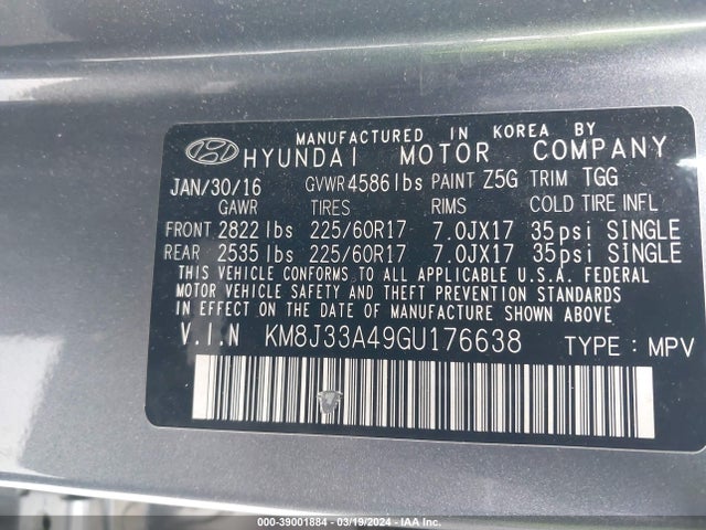 Hyundai TUCSON SE 2016 KM8J33A49GU176638 Image 9