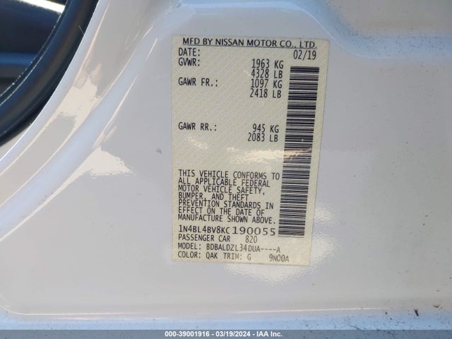 Nissan Altima 2.5 S 2019 1N4BL4BV8KC190055 Image 9