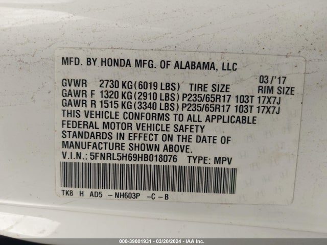 Honda Odyssey Ex-l 2017 5FNRL5H69HB018076 Image 9