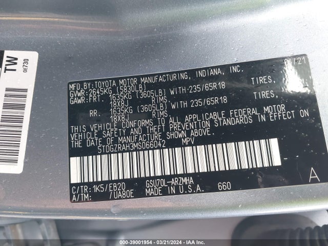 Toyota Highlander Xle 2021 5TDGZRAH3MS066042 Image 9