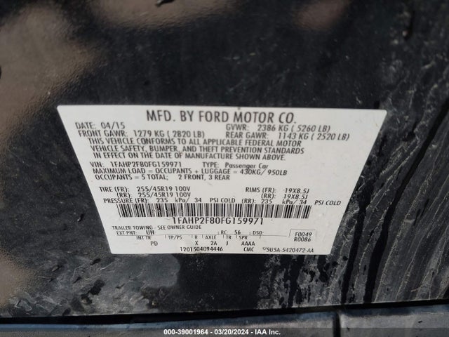 Ford Taurus Limited 2015 1FAHP2F80FG159971 Image 9