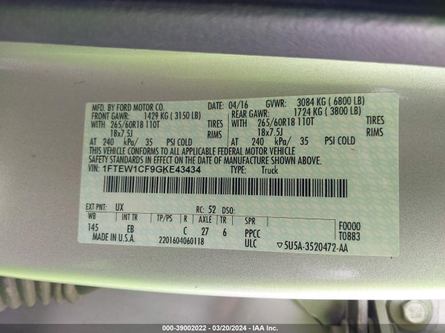 Ford F-150 Lariat 2016 1FTEW1CF9GKE43434 Image 9