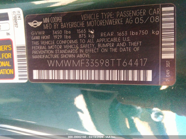 2008 MINI COOPER WMWMF33598TT64417 Photo 8