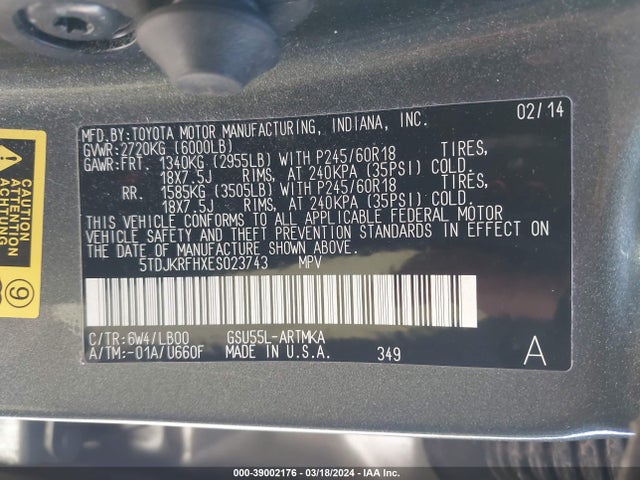 Toyota Highlander Xle V6 2014 5TDJKRFHXES023743 Image 8
