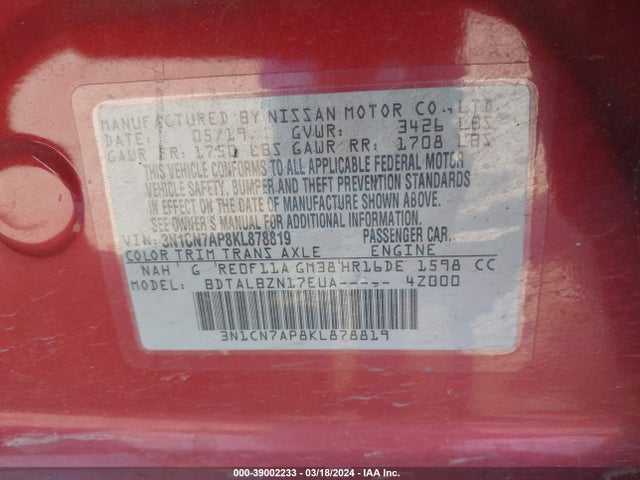 Nissan Versa 1.6 Sv 2019 3N1CN7AP8KL878819 Image 9