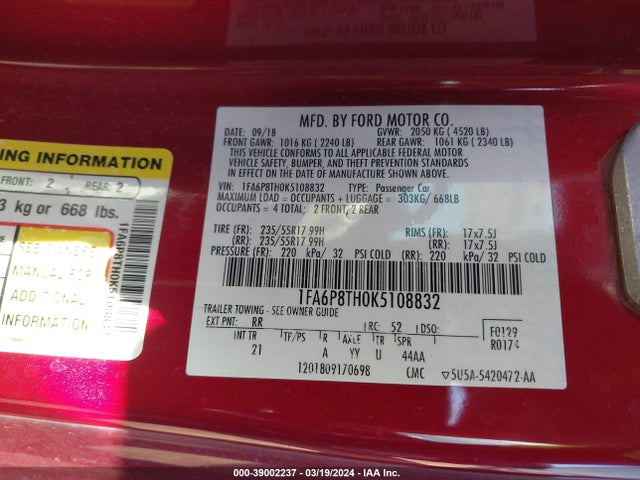 Ford Mustang Ecoboost 2019 1FA6P8TH0K5108832 Image 9