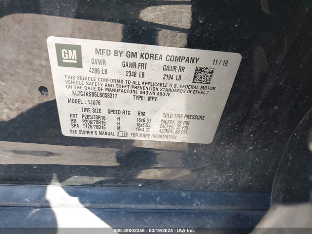 Chevrolet Trax Fwd Ls 2020 KL7CJKSB6LB058317 Image 9