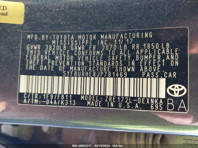 Toyota COROLLA LE 2018 5YFBURHE8JP781469 Image 9