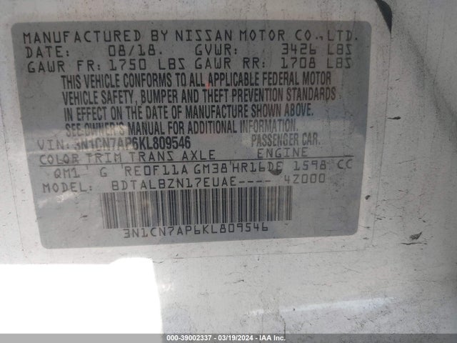 Nissan Versa 1.6 Sv 2019 3N1CN7AP6KL809546 Image 9