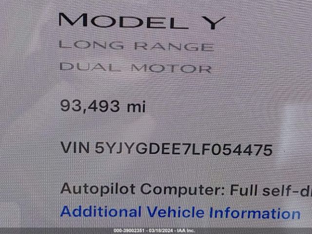 5YJYGDEE7LF054475 Tesla Model Y Long Range Dual Motor All-wheel Drive