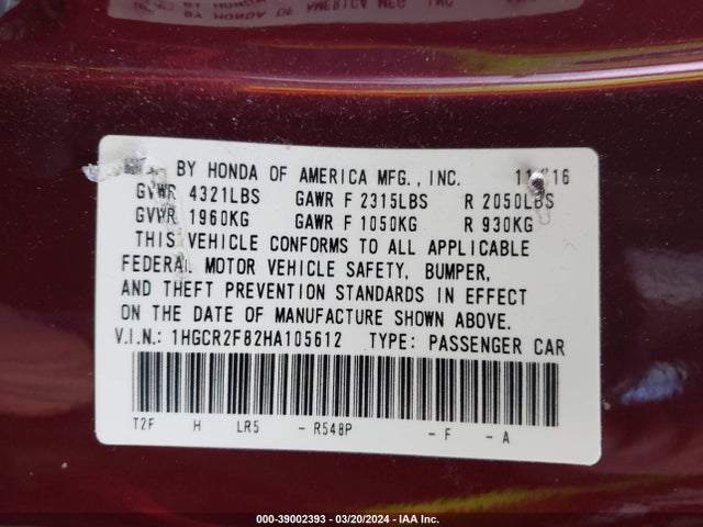 Honda Accord Ex-l 2017 1HGCR2F82HA105612 Image 9