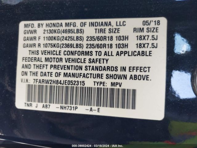 7FARW2H84JE052315 Honda Cr-v Ex-l/ex-l Navi