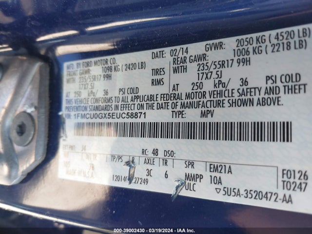 Ford ESCAPE SE 2014 1FMCU0GX5EUC58871 Image 9