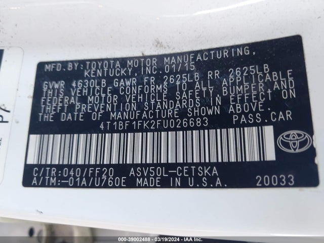 Toyota CAMRY SE 2015 4T1BF1FK2FU026683 Image 9