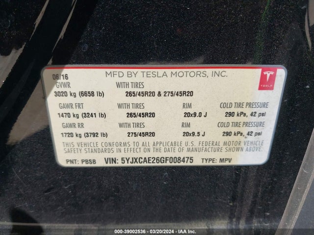 Tesla Model X 60d/70d/75d/90d 2016 5YJXCAE26GF008475 Image 9