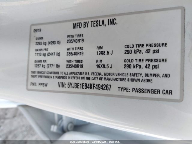 5YJ3E1EB4KF494267 Tesla Model 3 Long Range/performance