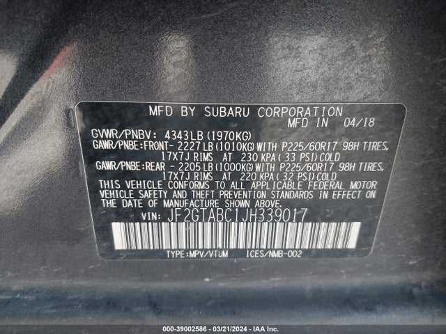 JF2GTABC1JH339017 Subaru Crosstrek 2.0i Premium