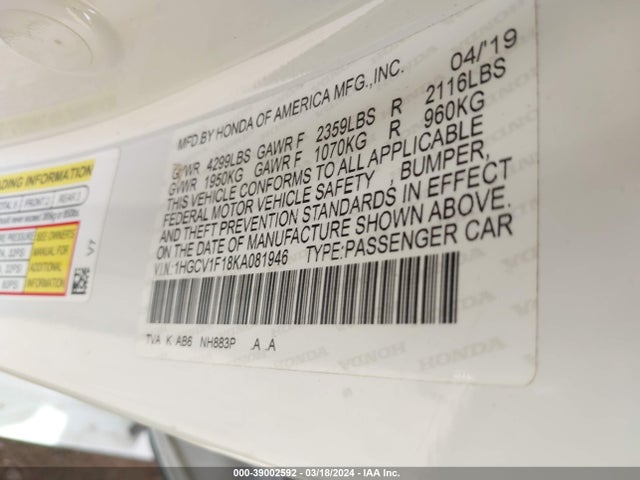 Honda ACCORD LX 2019 1HGCV1F18KA081946 Image 9