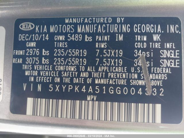 5XYPK4A51GG004332 KIA Sorento 3.3l Sx