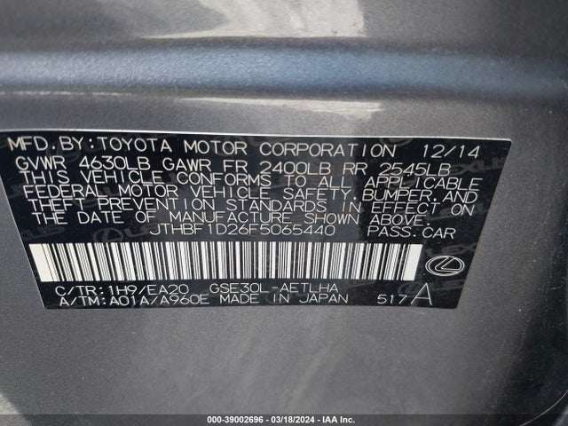Lexus IS 250 2015 JTHBF1D26F5065440 Image 9