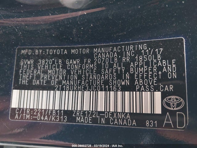 Toyota COROLLA LE 2018 2T1BURHE3JC011163 Image 9