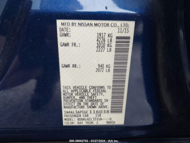 1N4AL3AP1GC116038 Nissan Altima 2.5 Sr