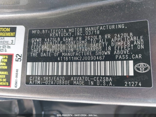 Toyota CAMRY SE 2018 4T1B11HK2JU090467 Image 9