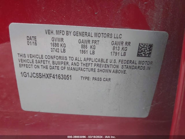 Chevrolet Sonic Lt Auto 2015 1G1JC5SHXF4163051 Image 9