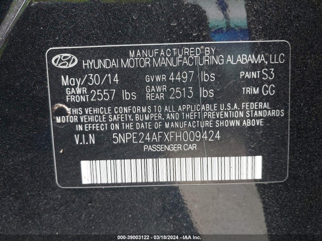 Hyundai SONATA SE 2015 5NPE24AFXFH009424 Image 9
