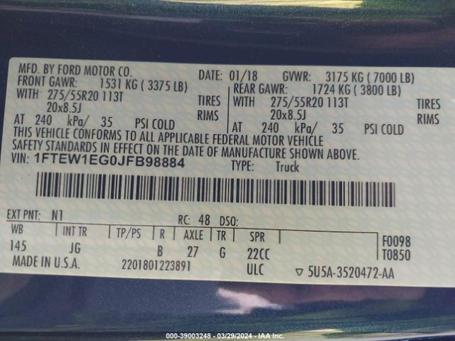 1FTEW1EG0JFB98884 Ford F-150 Xl