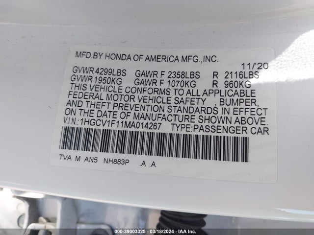 Honda ACCORD LX 2021 1HGCV1F11MA014267 Image 9