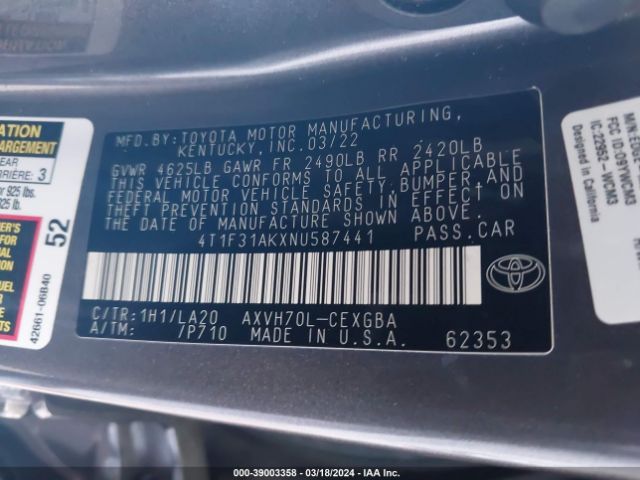 4T1F31AKXNU587441 Toyota Camry Xle Hybrid