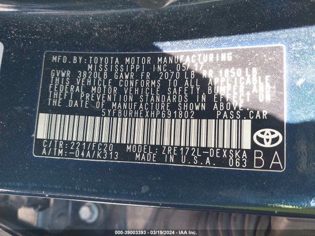 Toyota COROLLA SE 2017 5YFBURHEXHP691802 Image 9
