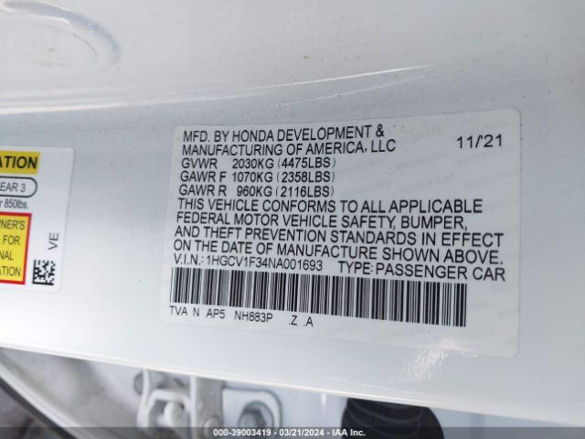 1HGCV1F34NA001693 Honda Accord Sport