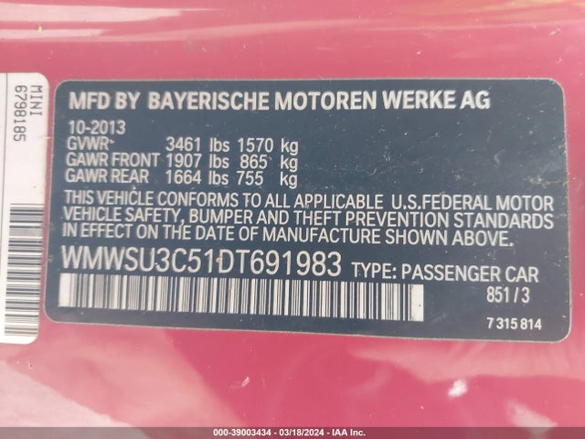 2013 MINI HARDTOP WMWSU3C51DT691983 Photo 8