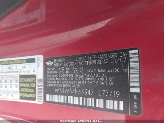 2007 MINI COOPER WMWMF33547TL77719 Photo 8