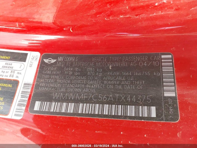 2010 MINI COOPER S WMWMF7C56ATX44375 Photo 8