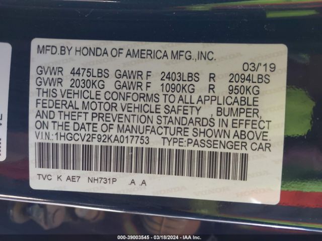 1HGCV2F92KA017753 Honda Accord Touring 2.0t