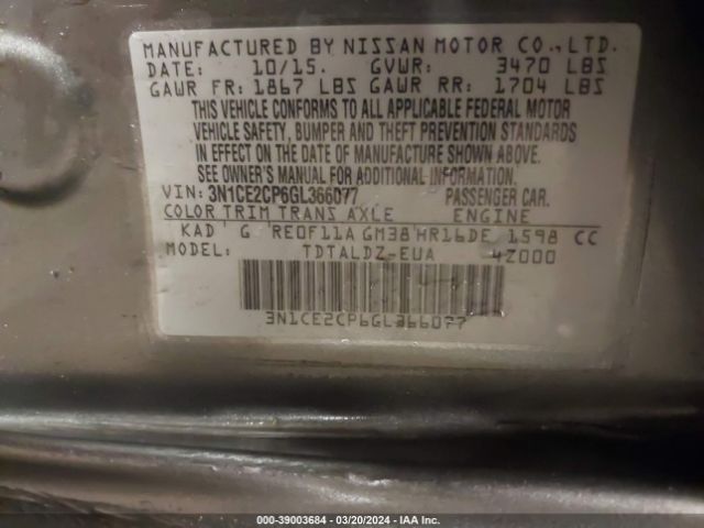 3N1CE2CP6GL366077 Nissan Versa Note S (sr)/s Plus/sl/sr/sv