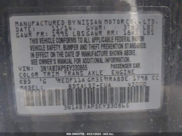 Nissan SENTRA SV 2014 3N1AB7AP5EY330865 Image 9