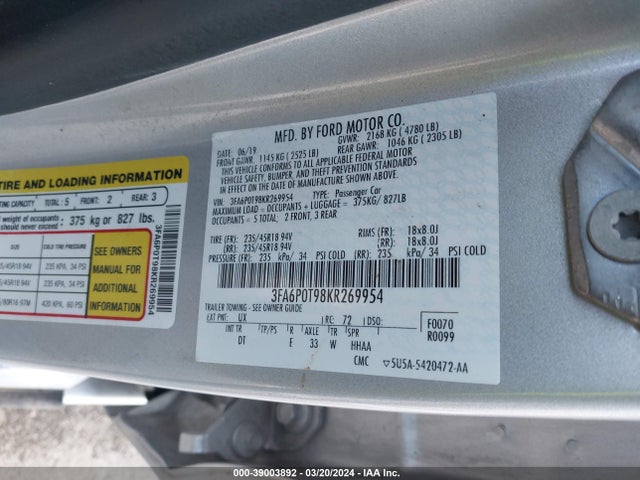 Ford FUSION SE 2019 3FA6P0T98KR269954 Image 9