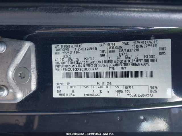 Ford ESCAPE SE 2014 1FMCU9GX2EUD83718 Image 9