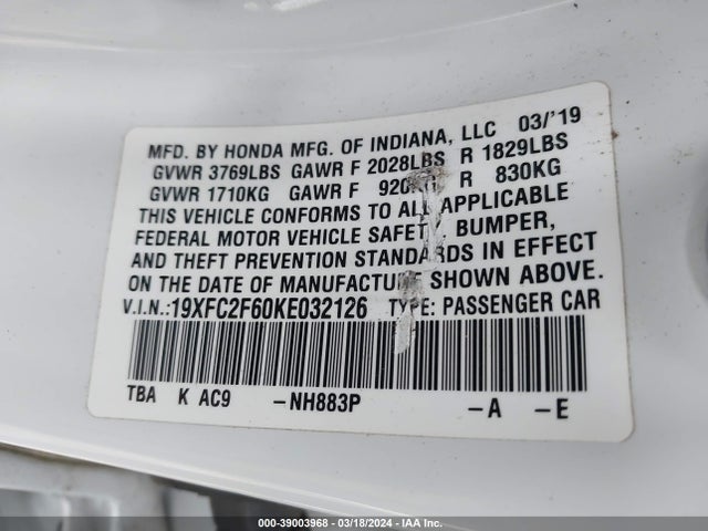 Honda Civic Lx 2019 19XFC2F60KE032126 Image 9