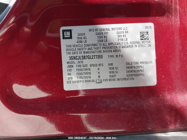 Chevrolet Trax Lt 2016 3GNCJLSB7GL277260 Image 9
